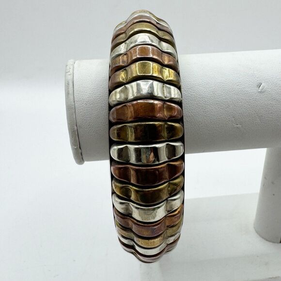 Vtg Bohemian Mixed Metal Large Chunky Indian Bangle Bracelet Silver Brass Copper - Picture 3 of 14